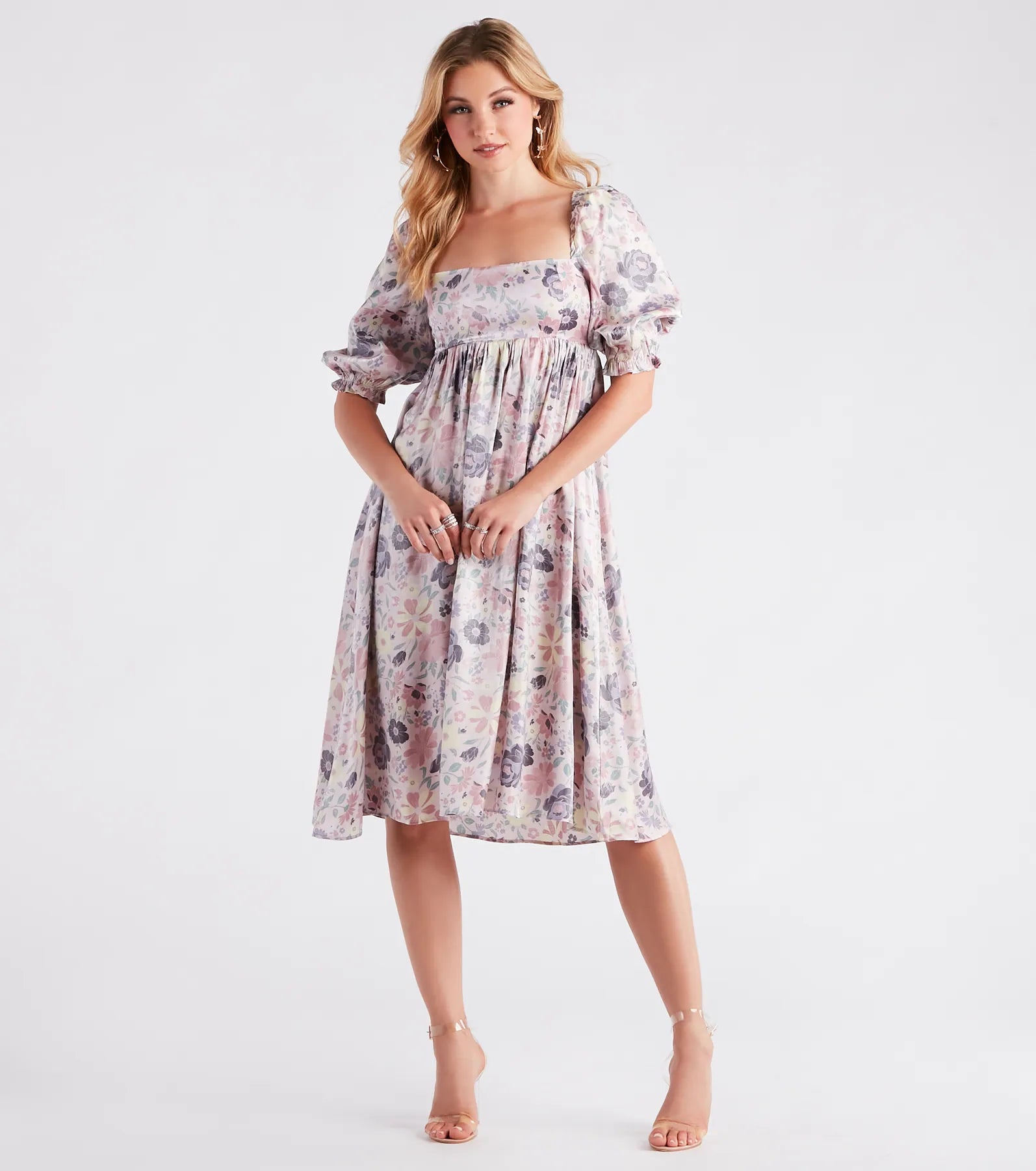 Wrap - style midi dresses in silk for a sophisticated office lookTake In The Beauty Satin Floral Midi Dress