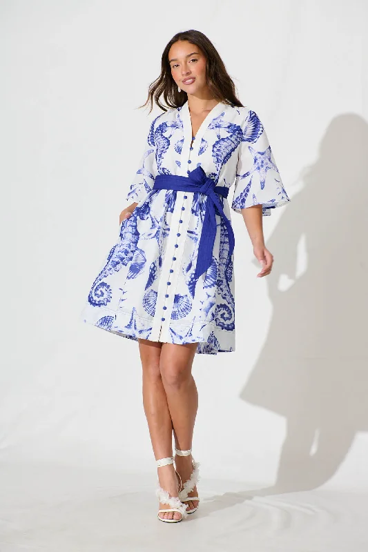 Midi dresses with ribbed textures for a unique and tactile appearanceTandie Midi Dress In White With Blue Print Linen Blend Midi dresses with ribbed textures for a unique and tactile appearanceTandie Midi Dress In White With Blue Print Linen Blend