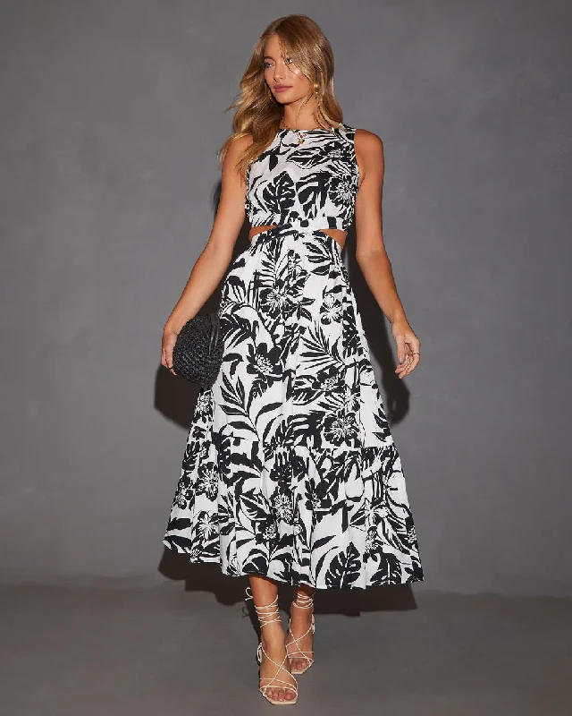 High - low midi dresses with geometric patterns for a modern partyMalakai Tropical Print Midi Dress High - low midi dresses with geometric patterns for a modern partyMalakai Tropical Print Midi Dress