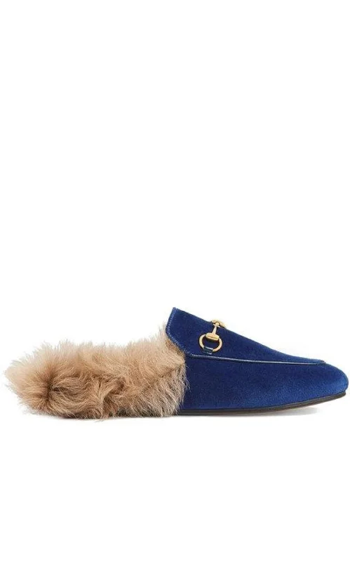 Blue Velvet & Fur Princetown Slippers