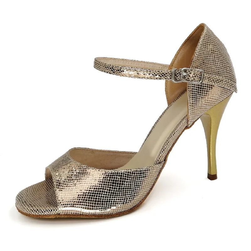 Adjustable Strap Ballroom Dance Shoes in Silver for a Secure FitSHJ Women's Champagne Real Leather 10cm Heels Dance Tango Shoes