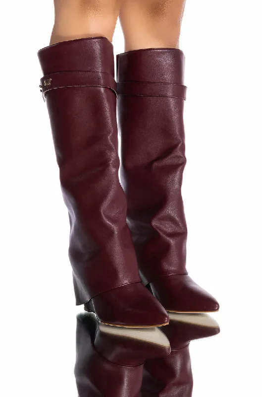 AZALEA WANG MELINA FOLD OVER WEDGE BOOT IN BURGUNDY