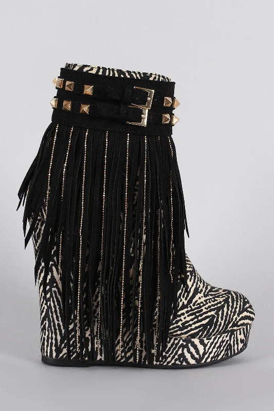 women's booties for rainy daysTribal Studded Suede Chain Fringe Platform Wedge Bootie