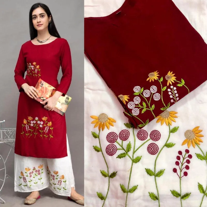 Women's Embroided Rayon Kurti With Chikankari Plazo