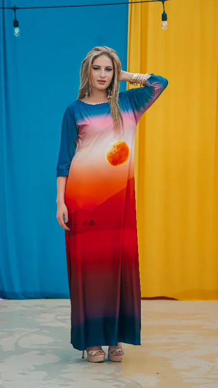 Maxi dresses with a V - neckline for a flattering and elongating shape"Around the World" Omtara Maxi Dress, Sahara Maxi dresses with a V - neckline for a flattering and elongating shape"Around the World" Omtara Maxi Dress, Sahara