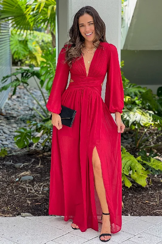 Maxi dresses with a wrap - around style for a customizable fitBurgundy Pleated V-Neck Maxi Dress Maxi dresses with a wrap - around style for a customizable fitBurgundy Pleated V-Neck Maxi Dress
