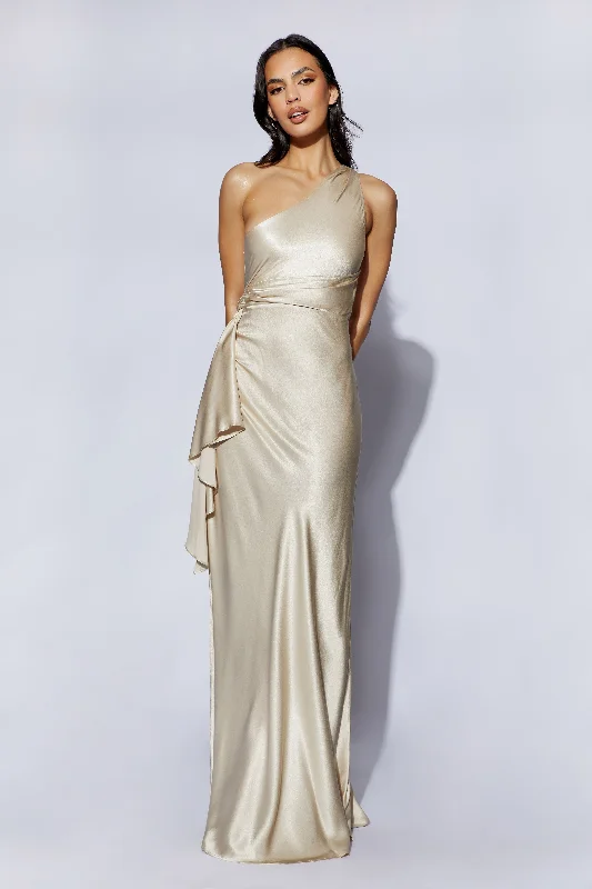 Maxi dresses with pom - pom trims for a playful and festive lookCalliope One Shoulder Maxi Dress - Champagne Maxi dresses with pom - pom trims for a playful and festive lookCalliope One Shoulder Maxi Dress - Champagne