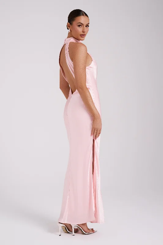 Maxi dresses with a belted empire waist for a more defined and flattering silhouetteClaire Satin Drape Back Maxi Dress - Rosewater Maxi dresses with a belted empire waist for a more defined and flattering silhouetteClaire Satin Drape Back Maxi Dress - Rosewater