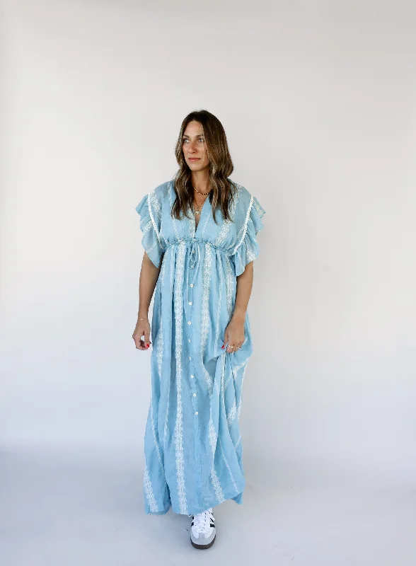 Denim maxi dresses with frayed hems for a casual lookDalia Embroidered Maxi Dress