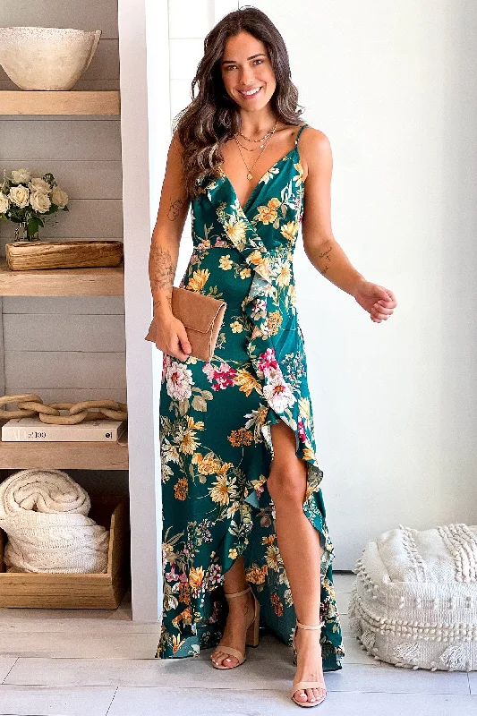 Floral print maxi dresses for summer garden partiesEmerald Floral Satin Ruffled Dress Floral print maxi dresses for summer garden partiesEmerald Floral Satin Ruffled Dress