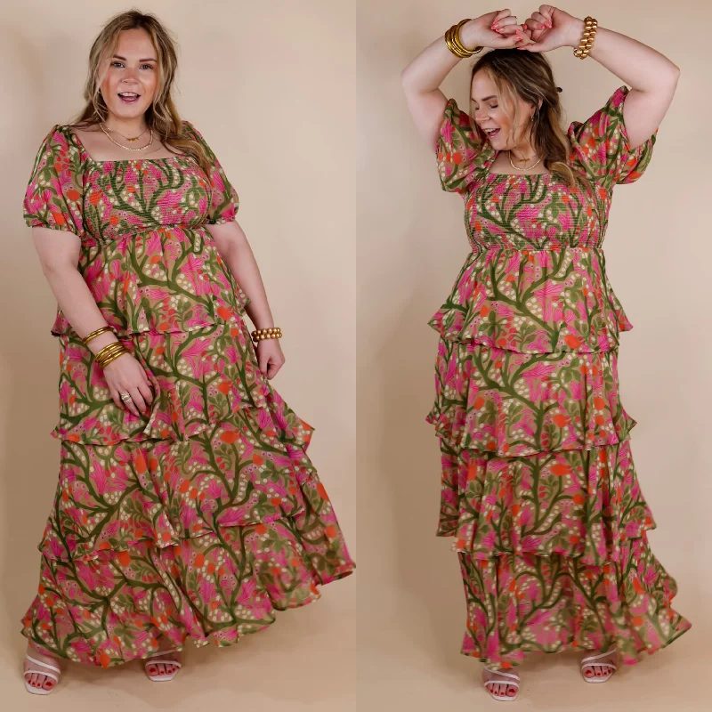 Metallic maxi dresses for a glamorous New Year's Eve partyFun Feeling Floral Tiered Maxi Dress with Smocked Balloon Sleeves in Green Mix Metallic maxi dresses for a glamorous New Year's Eve partyFun Feeling Floral Tiered Maxi Dress with Smocked Balloon Sleeves in Green Mix