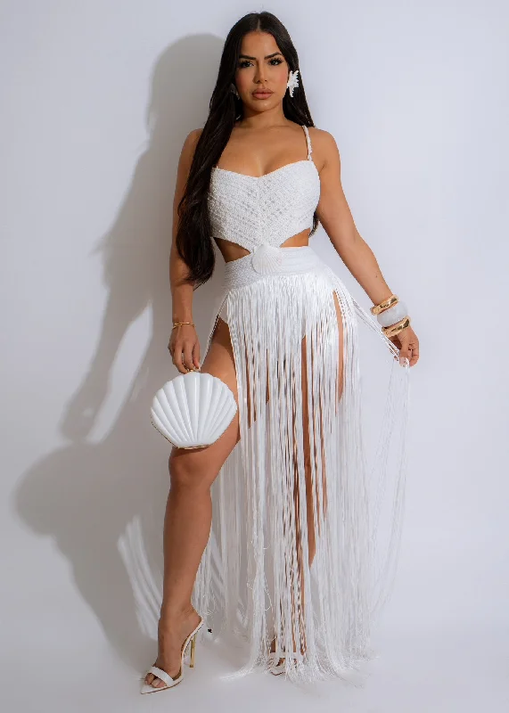 Strapless maxi dresses for a beachside vacationIconic Girl Fringes Maxi Dress White