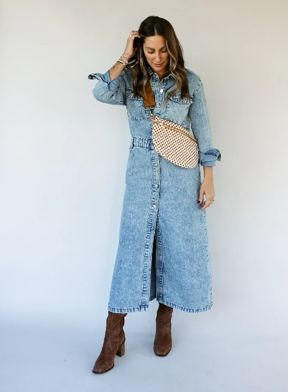 Maxi dresses with fringe trim for a bohemian vibeJules Denim Maxi Dress