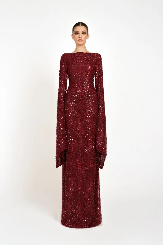 Maxi dresses with a ruffled neckline for a charming lookKADELA GOWN - RED SEQUIN