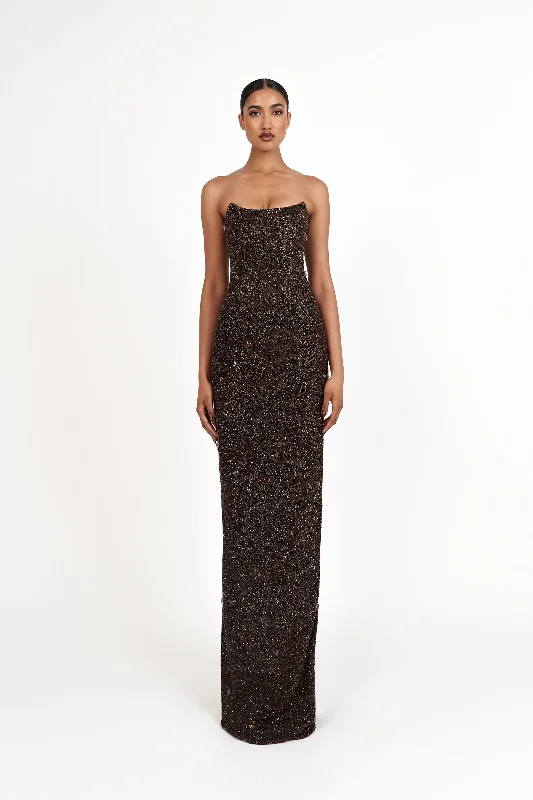 Ruffled maxi dresses with a tiered skirt for added volumeKHARI DRESS