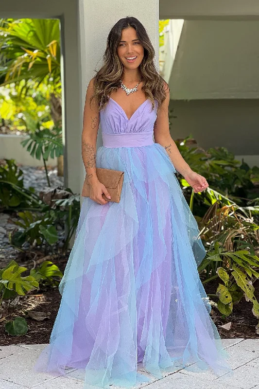 Maxi dresses with one - shoulder designs for a stylish and asymmetric lookLavender And Blue Ruffled Mesh Maxi Dress Maxi dresses with one - shoulder designs for a stylish and asymmetric lookLavender And Blue Ruffled Mesh Maxi Dress
