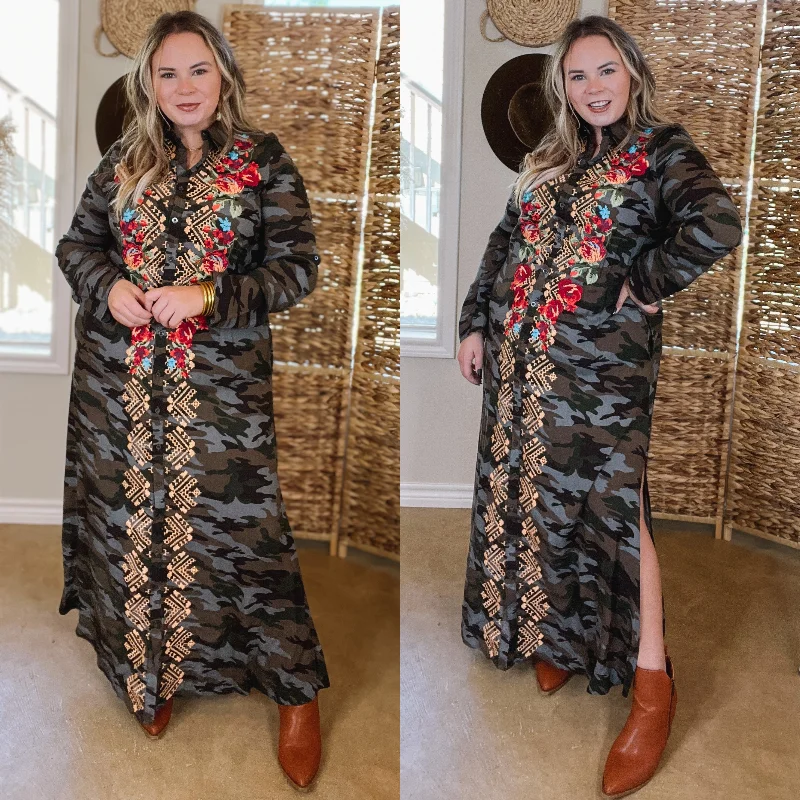 Floral print maxi dresses for summer garden partiesI'm All That Long Camouflage Button Up Dress with Floral Print Embroidery Floral print maxi dresses for summer garden partiesI'm All That Long Camouflage Button Up Dress with Floral Print Embroidery