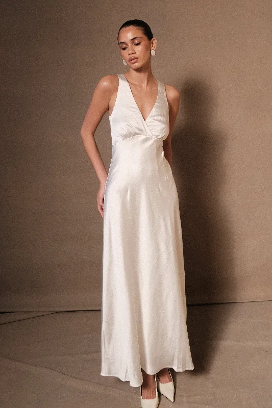 Maxi dresses with cut - out details on the sides for a modern edgeMeghan Satin Maxi Dress - Ivory Maxi dresses with cut - out details on the sides for a modern edgeMeghan Satin Maxi Dress - Ivory