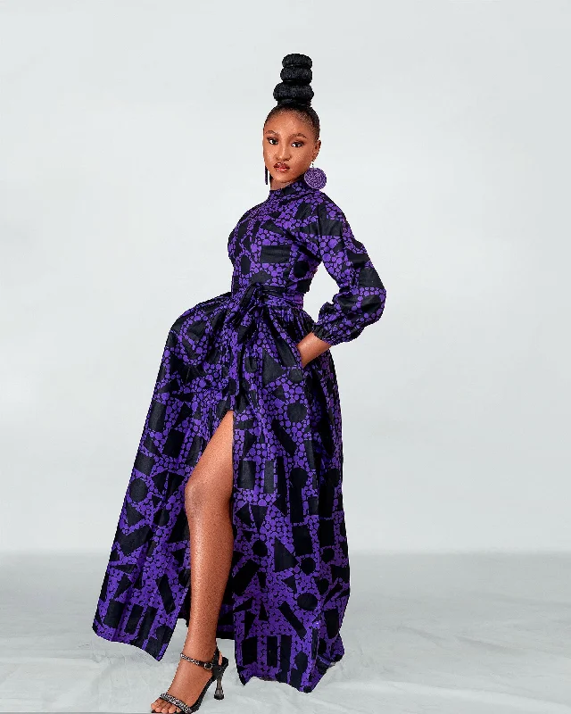 Maxi dresses with mesh panels for a sexy and trendy appearanceRaya Ankara Maxi Dress | Purple and Black African Print Maxi dresses with mesh panels for a sexy and trendy appearanceRaya Ankara Maxi Dress | Purple and Black African Print
