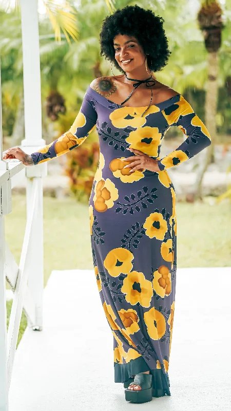Polyester maxi dresses for easy - care and durability"Summer Blooms" Valeria Long Dress FlyAway, Yellow Blooms Polyester maxi dresses for easy - care and durability"Summer Blooms" Valeria Long Dress FlyAway, Yellow Blooms