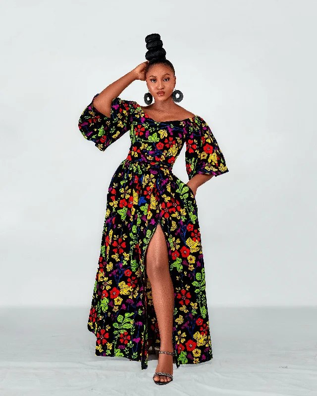 Satin maxi dresses with a high - low hem for a modern twistTess Ankara Off Shoulder Maxi Dress | Green and Pink Multicolored African Print