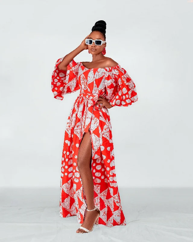 Maxi dresses with ribbed textures for a unique and tactile lookTori Ankara Off shoulder Maxi Dress | Red and White African Print Maxi dresses with ribbed textures for a unique and tactile lookTori Ankara Off shoulder Maxi Dress | Red and White African Print