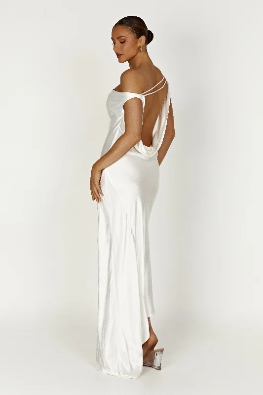 Printed maxi dresses with abstract patterns for an artistic lookYvette Slip Maxi Dress With Asymmetrical Hem - White Printed maxi dresses with abstract patterns for an artistic lookYvette Slip Maxi Dress With Asymmetrical Hem - White