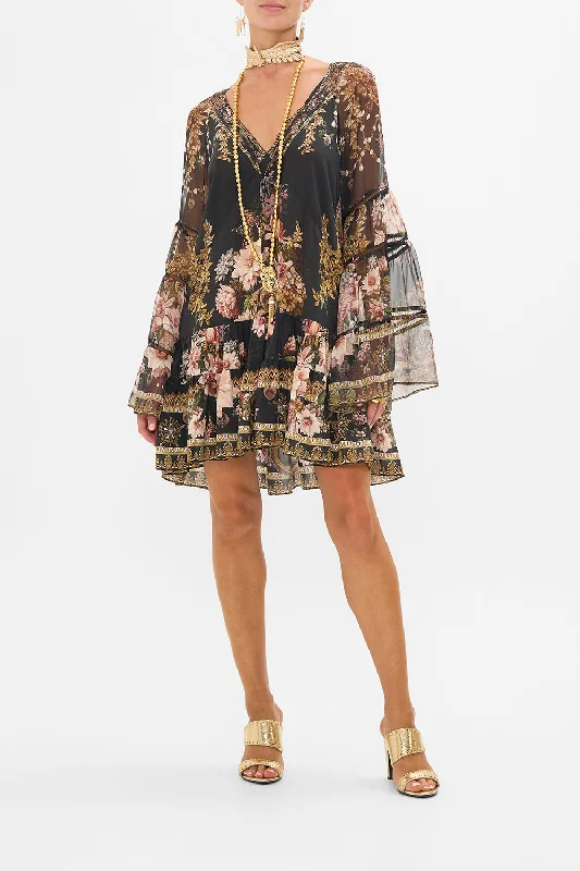 Mini dresses with belted waists for a defined silhouetteA-LINE GATHERED PANEL DRESS WITH LACE TRIMS DYNASTY DAZE