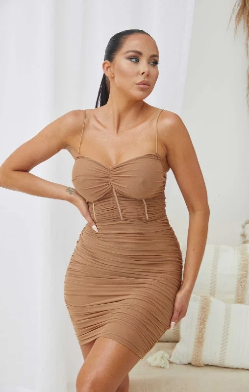 Mini dresses with embroidered details for a unique touchMocha Mesh Ruched Sheer Panel Strappy Bodycon Mini Dress - Hester Mini dresses with embroidered details for a unique touchMocha Mesh Ruched Sheer Panel Strappy Bodycon Mini Dress - Hester