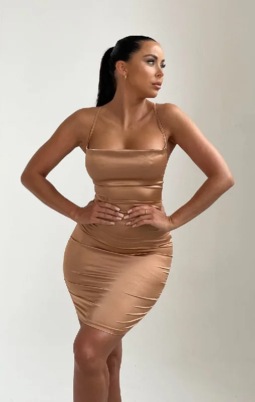 Mini dresses with spaghetti straps for a delicate lookCamel Satin Lace Up Back Strappy Bodycon Mini Dress - Clary Mini dresses with spaghetti straps for a delicate lookCamel Satin Lace Up Back Strappy Bodycon Mini Dress - Clary