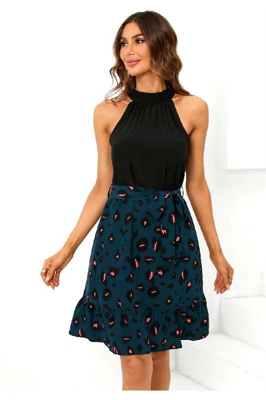 Mini dresses with pom - pom trims for a playful feelFS Collection Black Halterneck Top 2 In 1 Mini Dress In Blue Leopard Print Mini dresses with pom - pom trims for a playful feelFS Collection Black Halterneck Top 2 In 1 Mini Dress In Blue Leopard Print