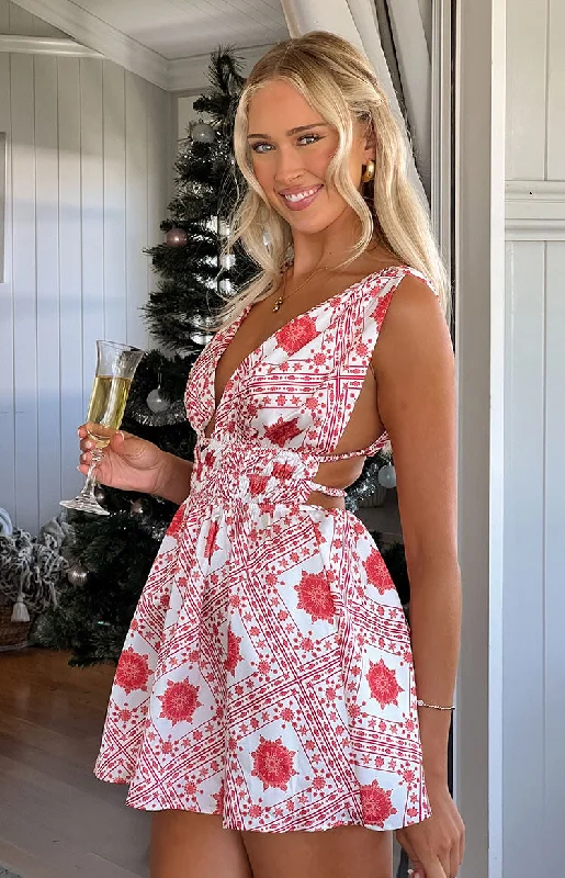 Mini dresses with cold - shoulder designsGenovia Red Tile Print Mini Dress