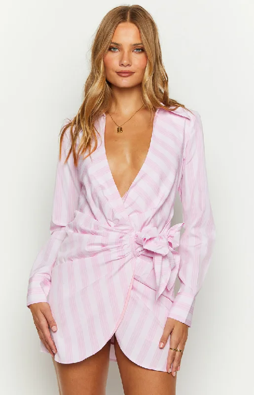 Polyester mini dresses for easy careHolly Pink Stripe Tie Up Shirt Mini Dress