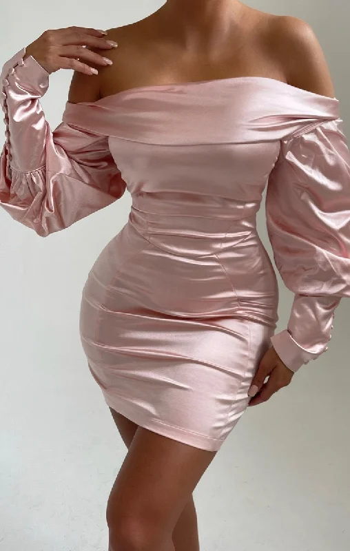 Velvet mini dresses for autumn weddingsLight Pink Satin Bardot Long Puff Sleeve Bodycon Mini Dress - Tiara Velvet mini dresses for autumn weddingsLight Pink Satin Bardot Long Puff Sleeve Bodycon Mini Dress - Tiara