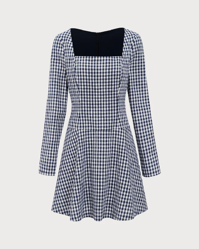 Mini dresses with ruched bodices for a feminine touchNavy Square Neck Plaid Mini Dress Mini dresses with ruched bodices for a feminine touchNavy Square Neck Plaid Mini Dress