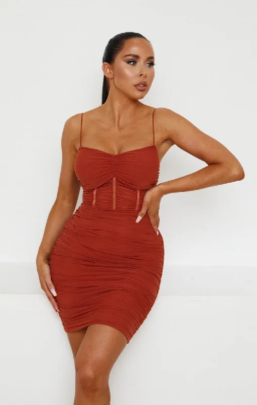 Mini dresses with keyhole necklinesRust Mesh Ruched Sheer Panel Strappy Bodycon Mini Dress - Hester Mini dresses with keyhole necklinesRust Mesh Ruched Sheer Panel Strappy Bodycon Mini Dress - Hester