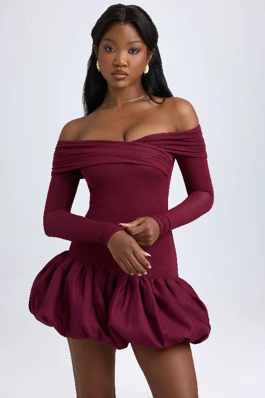 Mini dresses with belted waists for a defined silhouetteModal Off-Shoulder Bubble Hem Mini Dress in Wine Red Mini dresses with belted waists for a defined silhouetteModal Off-Shoulder Bubble Hem Mini Dress in Wine Red