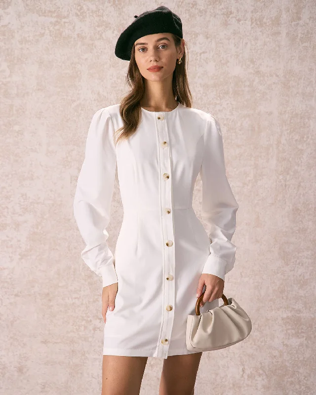 Mini dresses with V - necklines for a flattering shapeThe White Round Neck Button Mini Dress Mini dresses with V - necklines for a flattering shapeThe White Round Neck Button Mini Dress