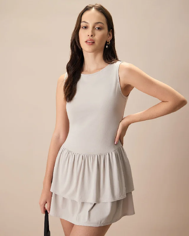 Mini dresses with criss - cross backs for a flirty lookWomen's Grey Crew Neck Ruffle Tiered Cotton Mini Dress Mini dresses with criss - cross backs for a flirty lookWomen's Grey Crew Neck Ruffle Tiered Cotton Mini Dress