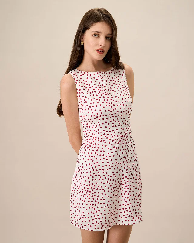 Mini dresses with high - low hems for a modern twistWomen's White Boat Neck Polka Dot Mini Dress Mini dresses with high - low hems for a modern twistWomen's White Boat Neck Polka Dot Mini Dress