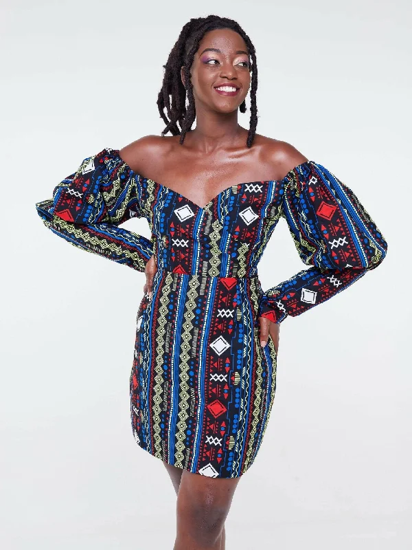 Cotton mini dresses for a comfortable everyday optionAnkara Wentu Tribal look - Blue Cotton mini dresses for a comfortable everyday optionAnkara Wentu Tribal look - Blue