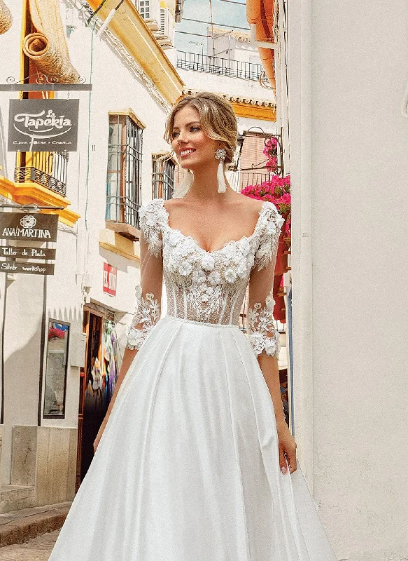 Illusion - neck wedding dresses with delicate lace3/4 Length Sleeve A-Line Wedding Dress with 3D Flowers Illusion - neck wedding dresses with delicate lace3/4 Length Sleeve A-Line Wedding Dress with 3D Flowers