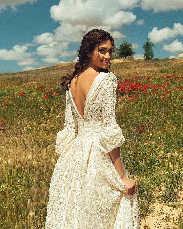 Sheath satin wedding dresses for a sleek appearance​3/4 Length Sleeve V-Neck Lace Wedding Dress with Embroidery