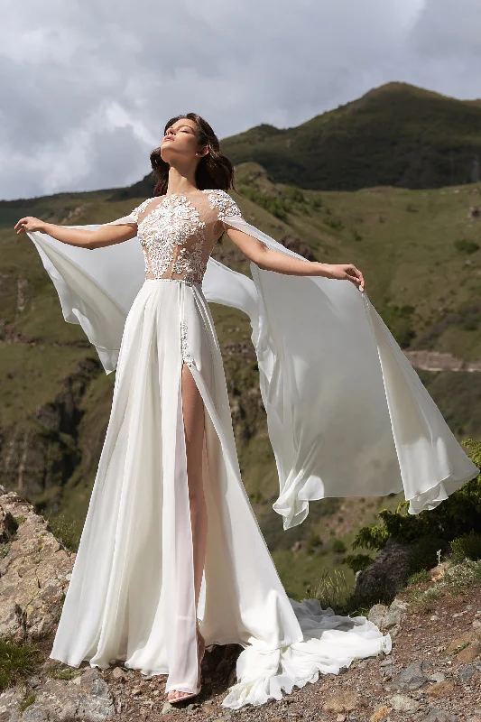 Chiffon and tulle combination wedding dressesA-Line Wedding Gown with Angelic Cape Sleeves Chiffon and tulle combination wedding dressesA-Line Wedding Gown with Angelic Cape Sleeves