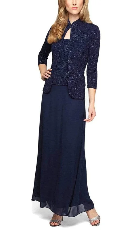 Wedding guest dresses with tiered skirts for a feminine lookAlex Evenings - 125053 Jacquard Knit Glittered Evening Dress Wedding guest dresses with tiered skirts for a feminine lookAlex Evenings - 125053 Jacquard Knit Glittered Evening Dress