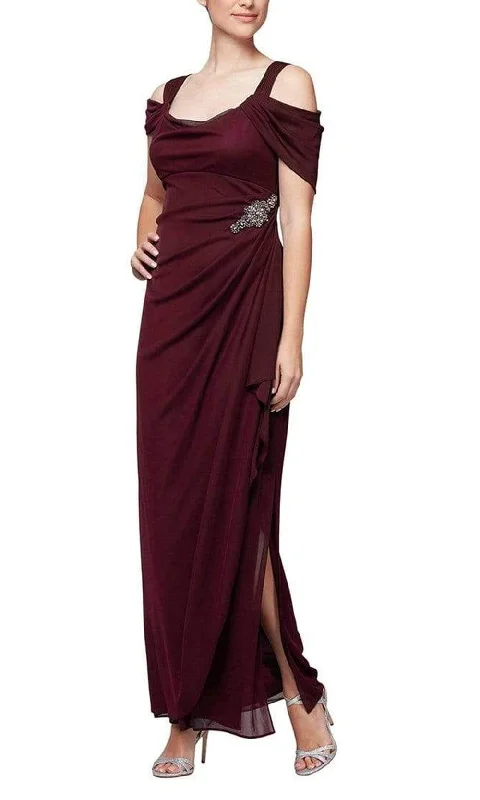 One - shoulder wedding guest dresses with beaded detailsAlex Evenings - 132902 Jewel Accent Waist Cold Shoulder Mesh Dress