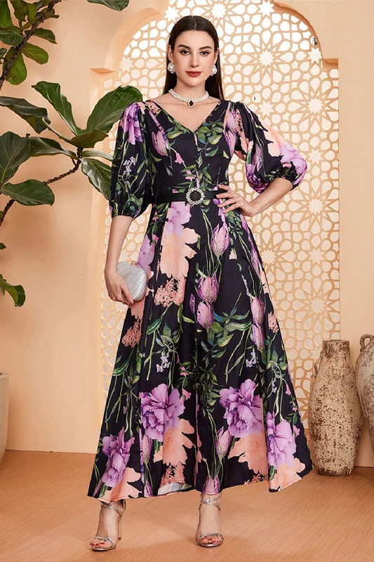 Cocktail dresses with a keyhole back and a midi - lengthBlack Floral A-Line V Neck Long Prom Dress with Belt Cocktail dresses with a keyhole back and a midi - lengthBlack Floral A-Line V Neck Long Prom Dress with Belt