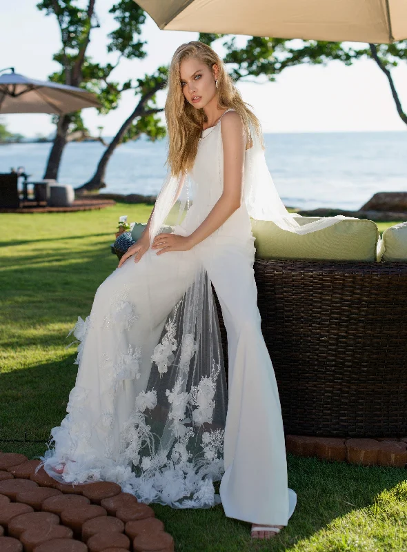 Appliqued wedding dresses with 3D floral designsBridal Jumpsuit with Removable Tulle Overlay Appliqued wedding dresses with 3D floral designsBridal Jumpsuit with Removable Tulle Overlay