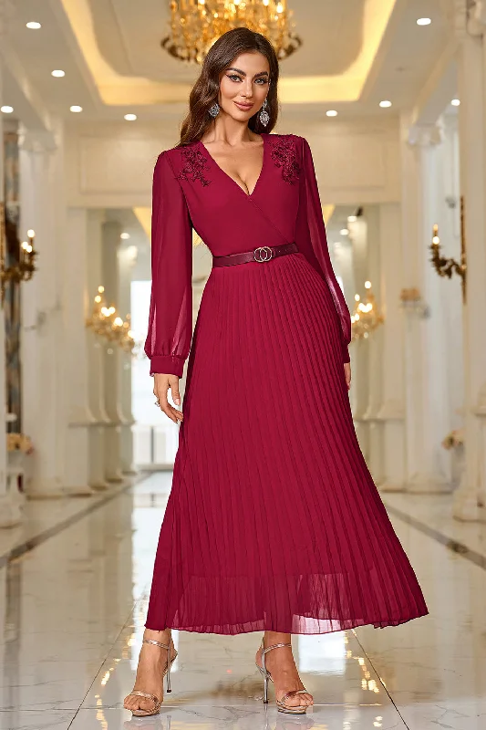 Cocktail dresses with a wrap - front style and a long - length optionBurgundy A Line V Neck Pleated Appliques Belted Prom Dress with Long Sleeves Cocktail dresses with a wrap - front style and a long - length optionBurgundy A Line V Neck Pleated Appliques Belted Prom Dress with Long Sleeves