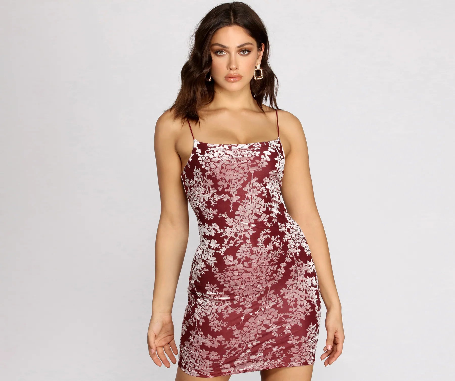 Bodycon dress with a one - shoulder design​Burnout Out Flocked Floral Mini Dress
